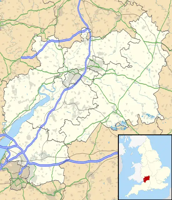 Mapa konturowa Gloucestershire, w centrum znajduje się punkt z opisem „Stroud”