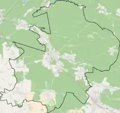 Mapa konturowa gminy Tworóg, w centrum znajduje się punkt z opisem „ParafiaŚwiętego Antoniego”