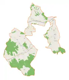 Mapa konturowa gminy wiejskiej Gorlice, po lewej nieco na dole znajduje się punkt z opisem „Szymbark”