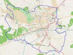 Mapa konturowa Gorzowa Wielkopolskiego, blisko centrum na lewo znajduje się punkt z opisem „Gorzowskie Murawy”