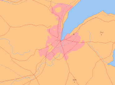 Mapa konturowa Belfastu, w centrum znajduje się punkt z opisem „Broadcasting House”