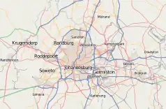 Mapa konturowa aglomeracji Johannesburga, w centrum znajduje się punkt z opisem „Johannesburg”