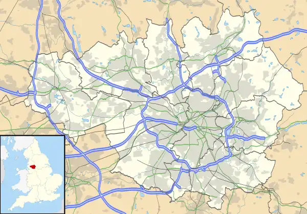 Mapa konturowa Wielkiego Manchesteru, w centrum znajduje się punkt z opisem „Prestwich”