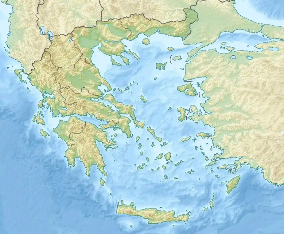 Mapa konturowa Grecji, na dole nieco na prawo znajduje się punkt z opisem „Astipalea”