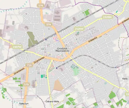 Mapa konturowa Grodziska Mazowieckiego, blisko centrum na lewo znajduje się punkt z opisem „Galeria Grodova”