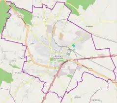 Mapa konturowa Grodziska Wielkopolskiego, w centrum znajduje się punkt z opisem „Starostwo Powiatowe w Grodzisku Wielkopolskim”