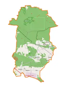 Mapa konturowa gminy Gromadka, blisko centrum na dole znajduje się punkt z opisem „Torfowisko Borówki”