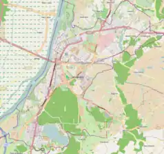 Mapa konturowa Grudziądza, blisko centrum na lewo znajduje się punkt z opisem „Parafia Ewangelicko-Augsburskaw Grudziądzu”