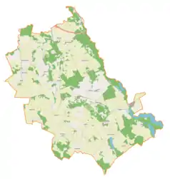 Mapa konturowa gminy Grunwald, na dole nieco na prawo znajduje się punkt z opisem „Ulnowo”