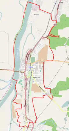 Mapa konturowa Gryfina, w centrum znajduje się punkt z opisem „Zbór Kościoła Zielonoświątkowego w Gryfinie”