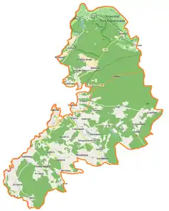 Mapa konturowa gminy wiejskiej Gubin, blisko lewej krawiędzi na dole znajduje się punkt z opisem „Późna”