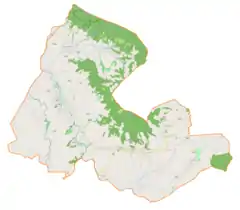 Mapa konturowa gminy Haczów, na dole znajduje się punkt z opisem „Trześniów, dwór”