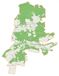 Mapa konturowa gminy Harasiuki, blisko centrum na dole znajduje się punkt z opisem „Harasiuki”