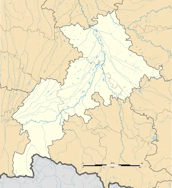 Mapa konturowa Górnej Garonny, po prawej nieco u góry znajduje się punkt z opisem „Auriac-sur-Vendinelle”