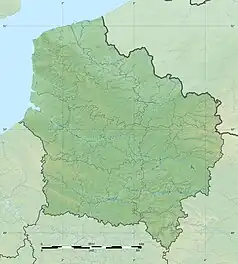 Mapa konturowa regionu Hauts-de-France, u góry nieco na lewo znajduje się punkt z opisem „ujście”