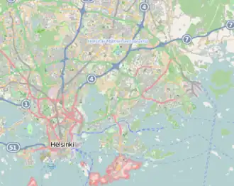 Mapa konturowa Helsinek, po lewej nieco na dole znajduje się punkt z opisem „HJK Helsinki”, natomiast blisko centrum na lewo u góry znajduje się punkt z opisem „IF Gnistan&#65279;(inne języki)Kategoria:Artykuły z propozycjami tłumaczeń”