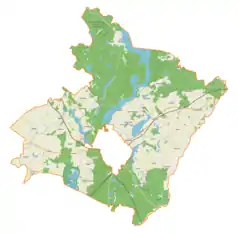 Mapa konturowa gminy wiejskiej Iława, u góry znajduje się owalna plamka nieco zaostrzona i wystająca na lewo w swoim dolnym rogu z opisem „Perkun”