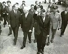 Svoboda i Alexander Dubček w sierpniu 1968, podczas oficjalnej wizyty w Czechosłowacji rumuńskiego przywódcy Nicolae Ceaușescu