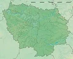 Mapa konturowa Île-de-France, blisko centrum u góry znajduje się punkt z opisem „miejsce bitwy”