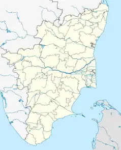 Mapa konturowa Tamilnadu, blisko dolnej krawiędzi po lewej znajduje się punkt z opisem „Kanyakumari”