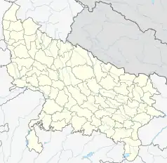 Mapa konturowa Uttar Pradesh, blisko lewej krawiędzi znajduje się punkt z opisem „Mathura”