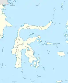 Mapa konturowa Celebesu, u góry po prawej znajduje się punkt z opisem „Tomohon”