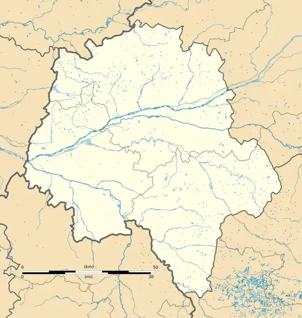 Mapa konturowa Indre i Loara, blisko centrum u góry znajduje się punkt z opisem „Gare de Tours”