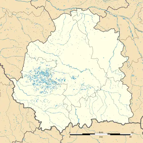 Mapa konturowa Indre, po prawej nieco na dole znajduje się punkt z opisem „Nohant-Vic”