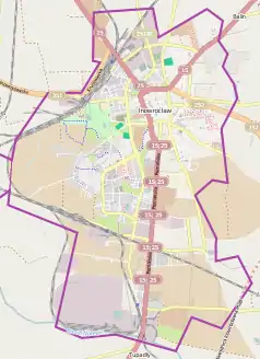 Mapa konturowa Inowrocławia, blisko centrum u góry znajduje się punkt z opisem „Parafia św. Józefa Oblubieńca NMP”