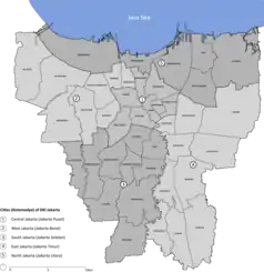 Mapa konturowa Dżakarty, w centrum znajduje się punkt z opisem „Gelora Bung Karno”