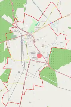 Mapa konturowa Jarocina, w centrum znajduje się punkt z opisem „Kościół św. Antoniego Padewskiego w Jarocinie”