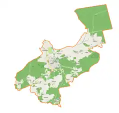 Mapa konturowa gminy Jasień, na dole znajduje się punkt z opisem „Lipsk Żarski”