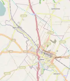 Mapa konturowa Jawora, na dole znajduje się punkt z opisem „Parafia św. Marcina”