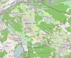 Mapa konturowa Jaworzna, blisko centrum na lewo znajduje się punkt z opisem „Stara Huta”