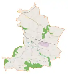 Mapa konturowa gminy Jedlicze, na dole nieco na lewo znajduje się punkt z opisem „Dębina”