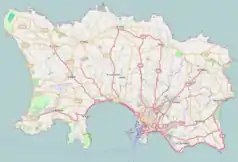 Mapa konturowa Jersey, w centrum znajduje się punkt z opisem „Saint Lawrence”