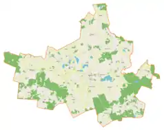 Mapa konturowa gminy Jeziorany, w centrum znajduje się punkt z opisem „Zamek w Jezioranach”