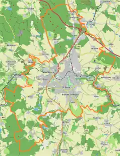 Mapa konturowa Igławy, blisko centrum na prawo znajduje się punkt z opisem „Jihlava”