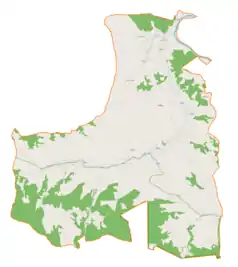 Mapa konturowa gminy Jodłowa, blisko centrum na prawo znajduje się punkt z opisem „Jodłowa, cmentarz wojenny nr 231”