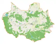 Mapa konturowa gminy Jonkowo, blisko lewej krawiędzi nieco u góry znajduje się punkt z opisem „Gamerki Wielkie”