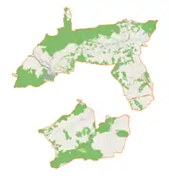 Mapa konturowa gminy wiejskiej Jordanów, na dole nieco na lewo znajduje się punkt z opisem „źródło”, natomiast blisko centrum na dole znajduje się punkt z opisem „ujście”