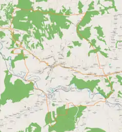 Mapa konturowa Jordanowa, u góry nieco na prawo znajduje się punkt z opisem „Chrobacze”