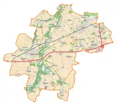 Mapa konturowa gminy Kąty Wrocławskie, u góry nieco na prawo znajduje się punkt z opisem „Smolec”