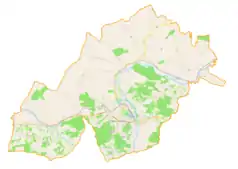 Mapa konturowa gminy Kalwaria Zebrzydowska, na dole po lewej znajduje się punkt z opisem „Barwałd Górny”