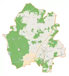 Mapa konturowa gminy Kamieńsk, po lewej nieco na dole znajduje się czarny trójkącik z opisem „Góra Kamieńska”