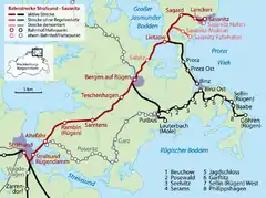 Mapa przebiegu linii kolejowej 6321 Stralsund–Sassnitz, 6777 Sassnitz–Sassnitz Hafen, 6954 Borchtitz–Mukran