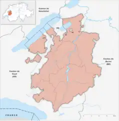 Mapa konturowa Fryburga, blisko centrum na prawo u góry znajduje się punkt z opisem „Sense”