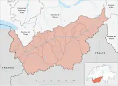 Mapa konturowa Valais, blisko centrum na dole znajduje się punkt z opisem „Most Charles’a Kuonena”