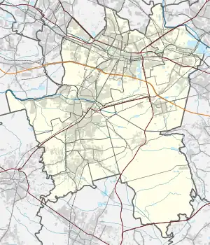 Mapa konturowa Katowic, u góry znajduje się punkt z opisem „ulica Żelazna”