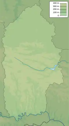 Mapa konturowa obwodu chmielnickiego, blisko centrum na lewo znajduje się punkt z opisem „źródło”, natomiast w centrum znajduje się punkt z opisem „ujście”